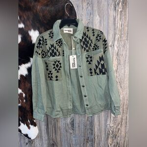 Savanna Jane olive green button up jacket with black embroidered Aztec detail